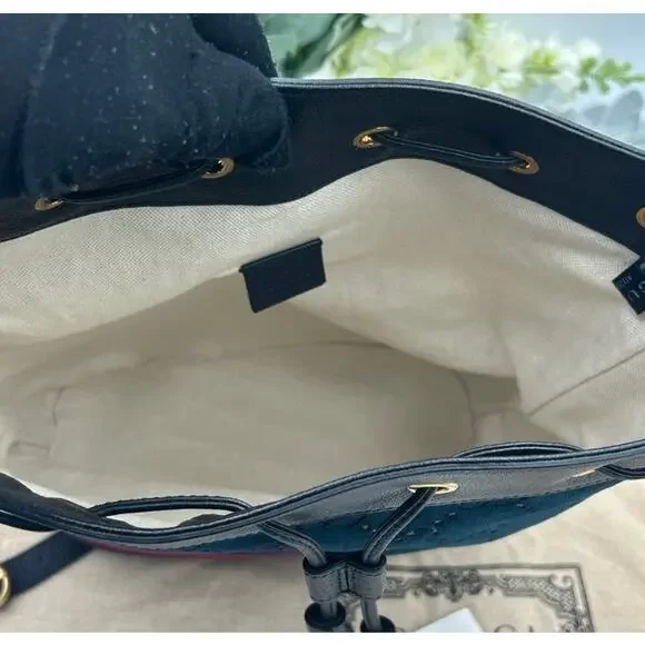 Women's Gucci OPHIDIA blue velvet bucket bag with leather trim, and web stripe - Picture 14 of 16